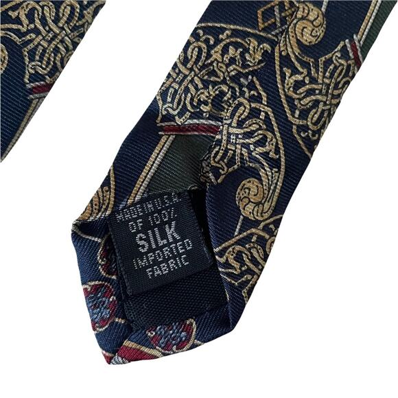 Bill Blass SIlk Tie Ornate Baroque Filigree Made in USA Navy Gold Red EUC - Picture 2 of 9